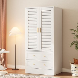 65 Inch Tall Wardrobe Closet, Farmhouse Armoire Wardrobe Closet with Shutter Doors & Drawers, Wooden Clothes Organizer Cabinet for Bedroom Apartment - 1 of 4