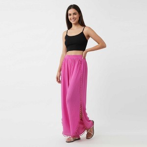 Cherie Code Women's Cotton Wide Leg Pants with Side Split and Pom Trim – Casual Fit - 1 of 4
