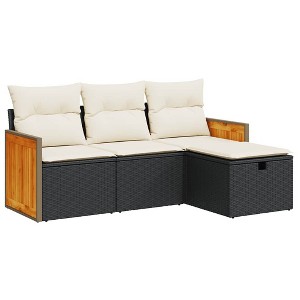 vidaXL Patio Sofa Set with Cushions Outdoor Furniture 4 Piece Poly Rattan - Black and Cream with Storage - 1 of 4