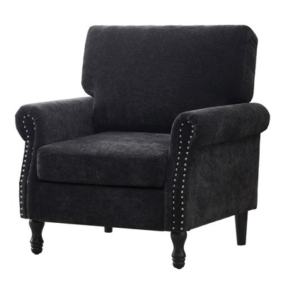 Beautyolove Dark Teal Chenille Upholstered Wood Frame Accent Chair Armchair with Turned Legs and Tufted Rolled Armrests