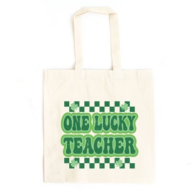 City Creek Prints Checkered Lucky Teacher Canvas Tote Bag - 15x16 - Natural