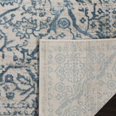 Blue and Beige Floral Motif High Pile Area Rug