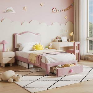 Princess Twin Size Platform Bed Frame with Storage Drawer – No Box Spring Needed, Upholstered Headboard for Kids Girls - 1 of 4