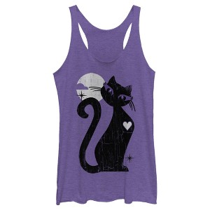Women's Lost Gods Halloween Full Moon Black Cat Heart Racerback Tank Top - 1 of 4