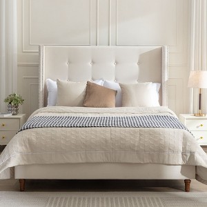 LOVMOR Upholstered Queen Bed  54" High Headboard Blue Velvet - 1 of 4
