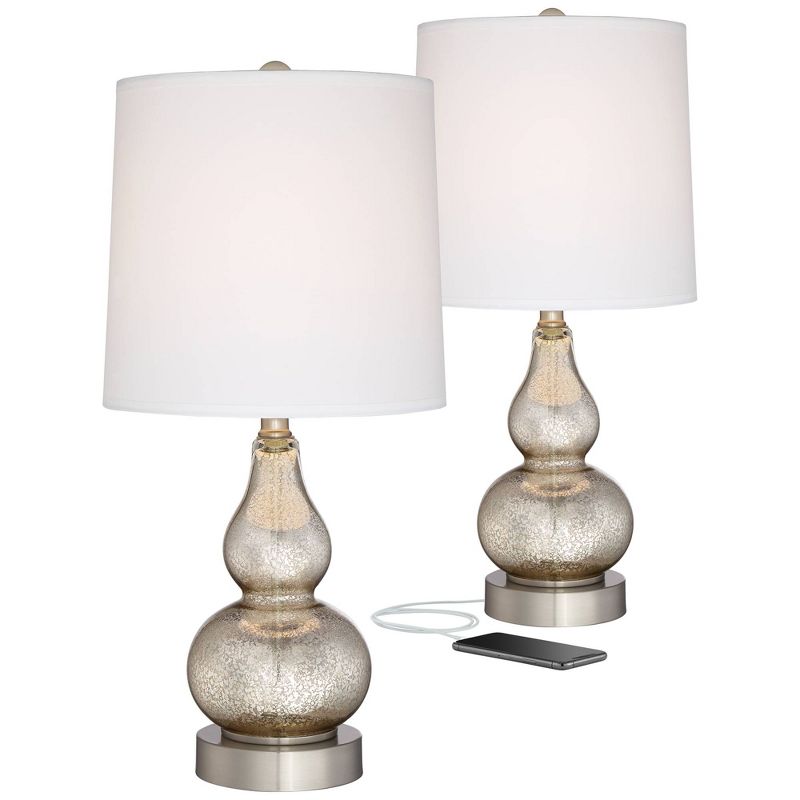 360 Lighting Castine 22" High Small Modern Country Cottage Accent Table Lamps Set of 2 USB Port Silver Finish Mercury Glass Living Room Charging, 1 of 12