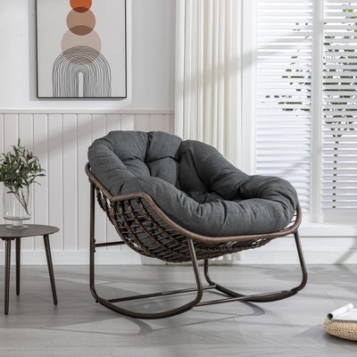 GDFStudio Charlotte Outdoor Oversized Rattan Egg Rocking Chair with Cushion, Grey