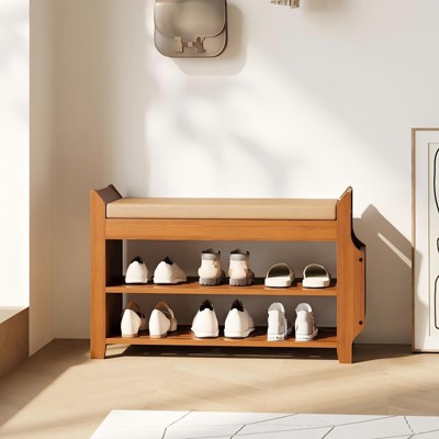 ELECWISH Bamboo Shoe Bench with Storage - 2-Tier Shoe Rack, Hidden Storage & Side Organizer, Brown