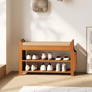 ELECWISH Bamboo Shoe Bench with Storage - 2-Tier Shoe Rack, Hidden Storage & Side Organizer, Brown - 1 of 4