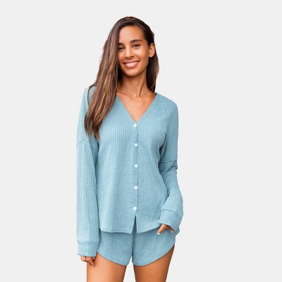 Women's Elegant Black Ribbed Long Sleeve Button-Down Top with Shorts Pajama Set - Cupshe