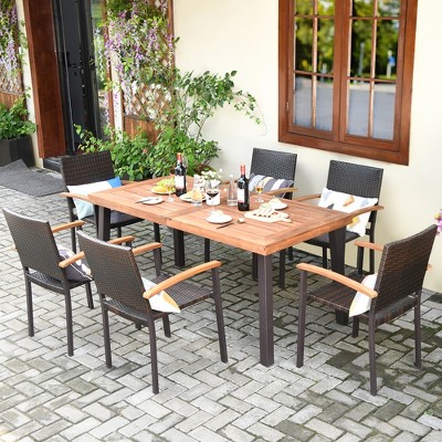 Costway 7PCS Patio Rattan Dining Set Acacia Wood Table Top Stackable Chairs