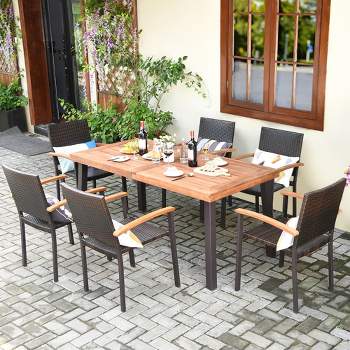 Costway 7PCS Patio Rattan Dining Set Acacia Wood Table Top Stackable Chairs