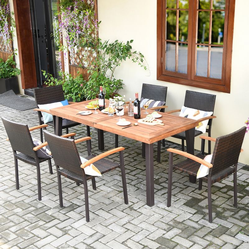 Costway 7PCS Patio Rattan Dining Set Acacia Wood Table Top Stackable Chairs, 1 of 10