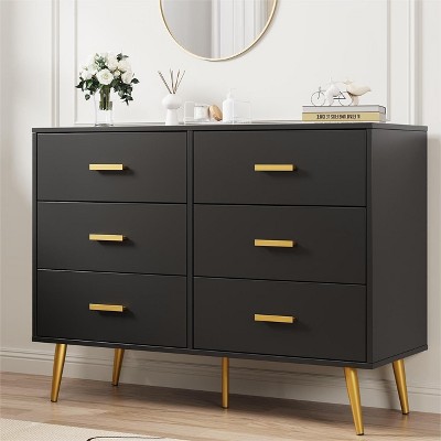 6 Drawer Dresser, Modern Wooden Dresser with Gold Handles and Storage Space, Chest Dresser with Deep Drawers for Bedroom, Living Room