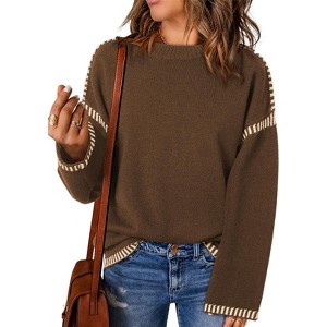 BLUEMING Womens Sweaters Fashion Crewneck Loose Long Sleeve Casual Contrast Cable Knit Pullover Sweater Tops - 1 of 4