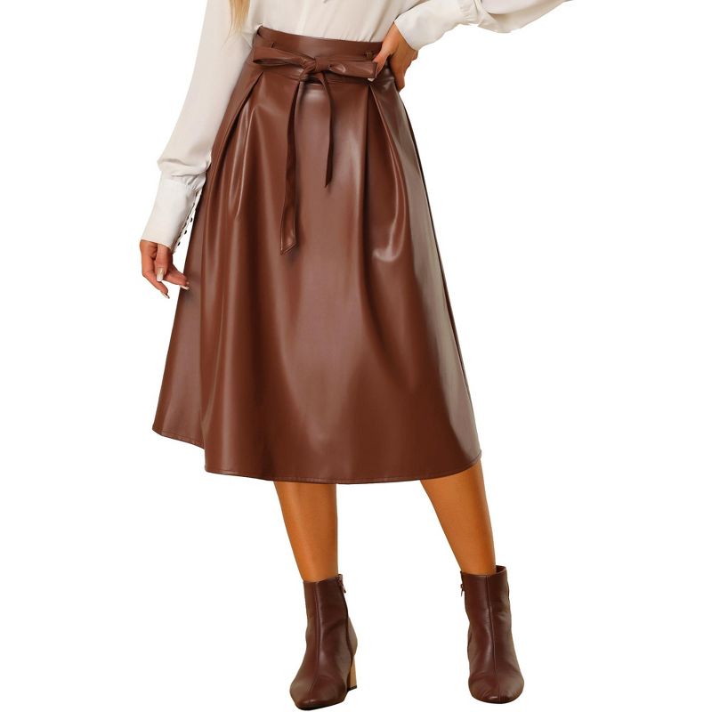 Allegra K Women's Faux Leather High Waist Belted A-line Flare Midi Skirts, 1 of 6
