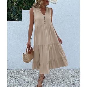 Womens Summer Dress V Neck Sleeveless Button Front Loose Fit Casual Dress - 1 of 3