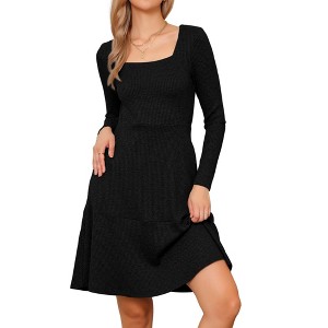 INSPIRE CHIC Women's Square Neck Casual Long Sleeve A Line Knit Pullover Dress with Pockets - 1 of 4