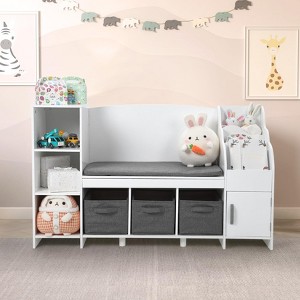 Kids Bookshelf with Reading Nook, Bookcase with Detachable Cushion £¬Storage Organizer with Book Rack for Bedroom, Playroom, White - 1 of 4