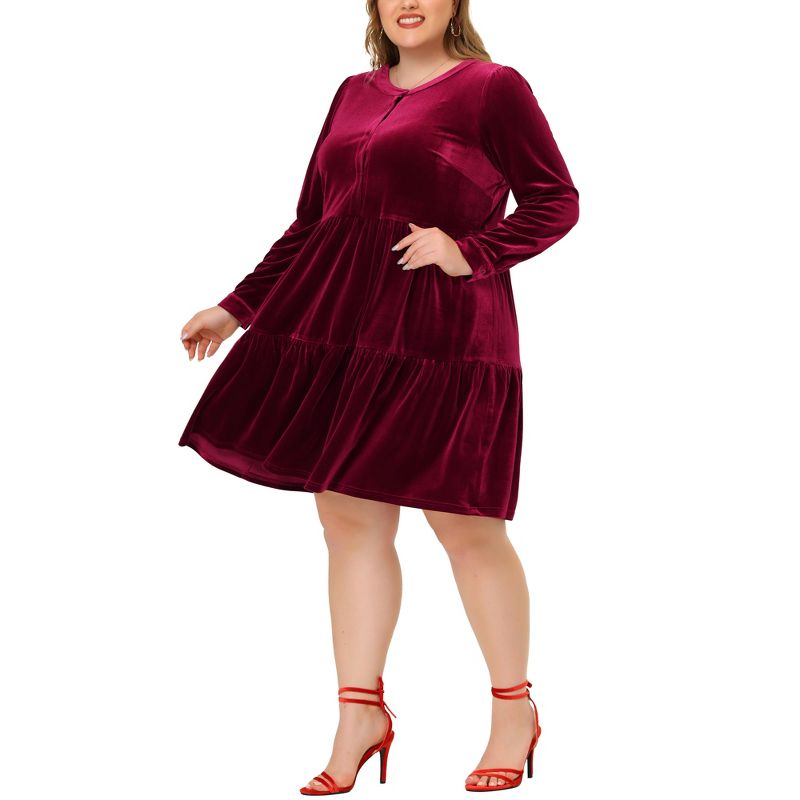 Agnes Orinda Women's Plus Size Velvet Winter Half Placket Pleat Long Sleeve Babydoll Dress, 2 of 7