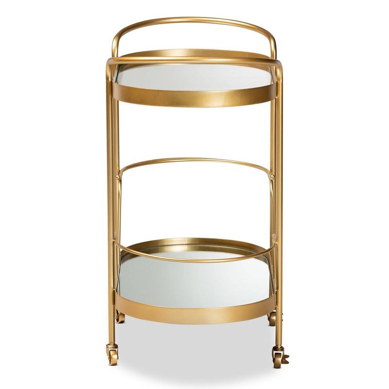 Kamal Glam Brushed Metal and Mirrored Glass 2 Tier Mobile Wine Bar Cart Gold - Baxton Studio, 4 of 18