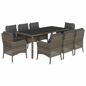 vidaXL 9 Piece Patio Dining Set - Gray Poly Rattan, Cushions, Tempered Glass Table, Outdoor/Balcony/Garden/Backyard Furniture - 1 of 4
