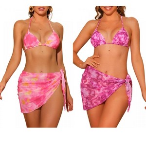 INSPIRE CHIC Women's Dye Halter Tie Triangle Swimsuits with Sarong Cover Ups Beach Skirt Bikini 2 Set - 1 of 4