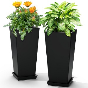 TUYOHW Set of 2 Tall Planters for Plants, 24" Tapered Tall Planters with Tray for Porch, Patio, Backyard, Large Planters for Outdoor Indoor Plants - 1 of 4