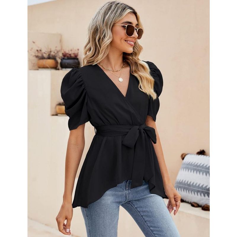 Peplum Tops for Women Dressy Sexy Deep V Neck Belted Tie Blouses Empire Waist Wrap Blouse Short Puff Sleeve, 1 of 8