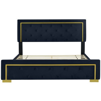 TiramisuBest Queen Size Upholstered Platform Bed With Pull Point Headboard And Metal Wire Frame At The Head And Foot Of The Bed - Black MDF+
