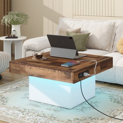 31.4''W Coffee Table Cocktail Table Center Table with LED Light and Charging Station for Living Room -ModernLuxe