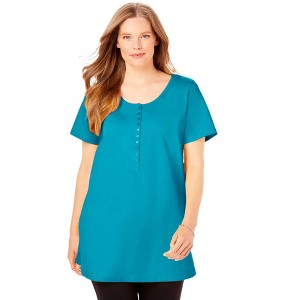 Woman Within Plus Size Perfect Short-Sleeve Scoop-Neck Henley Tunic - 1 of 4