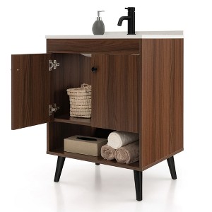 Tangkula 25 Inch Wooden Bathroom Vanity Sink Combo with Open Shelf & Sink & Pop Up Drain - 1 of 4