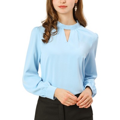INSPIRE CHIC Women's Office Keyhole Elegant Stand Collar Long Sleeve Back Neck Button Blouse