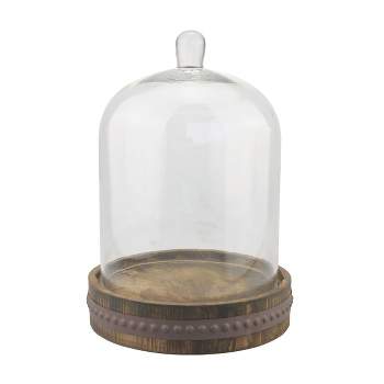12.5" Glass Bell Cloche with Rustic Wood and Metal Base Brown - Stonebriar Collection