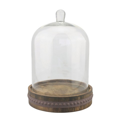 12.5" Glass Bell Cloche with Rustic Wood and Metal Base Brown - Stonebriar Collection - image 1 of 4