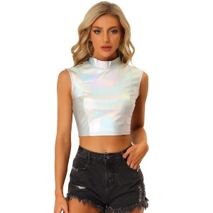 Allegra K Women's Metallic Crop Shiny Sleeveless Holographic Party Tank Tops - 1 of 4