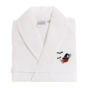 Linum Home Textiles 100% Turkish Cotton Unisex Waffle Weave Embroidered Bathrobe - Pumpkin Head - 1 of 3