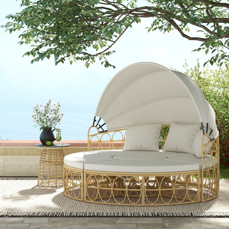 Outsunny 4 Piece Round Outdoor Daybed with Canopy, Cushioned PE Rattan Patio Furniture Set, Cream White, 3 of 7