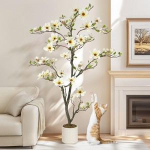 Artificial Magnolia Tree, Faux Flower Plant In Pot with Realistic Leaves & Flowers, Fake Real Touch Blooming Floral Plant For Home Office Decor - 1 of 4