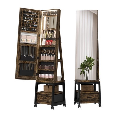WhizMax 360° Swivel Jewelry Cabinet with LED Lights, Rotatable Full Length Mirror, Lockable Standing Jewelry Storage with Drawer and Wheels