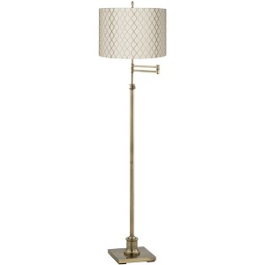 360 Lighting Swing Arm Floor Lamp Adjustable Height 70" Tall Antique Brass Off White Embroidered Hourglass Fabric Drum Shade Living Room - 1 of 4
