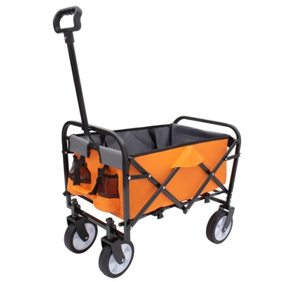 VisioGear Collapsible Foldable Wagon Cart with Strapping, Wagon Grocery Cart for Camping Shopping Sports, Orange, 25.98"*17.32"*37.4"