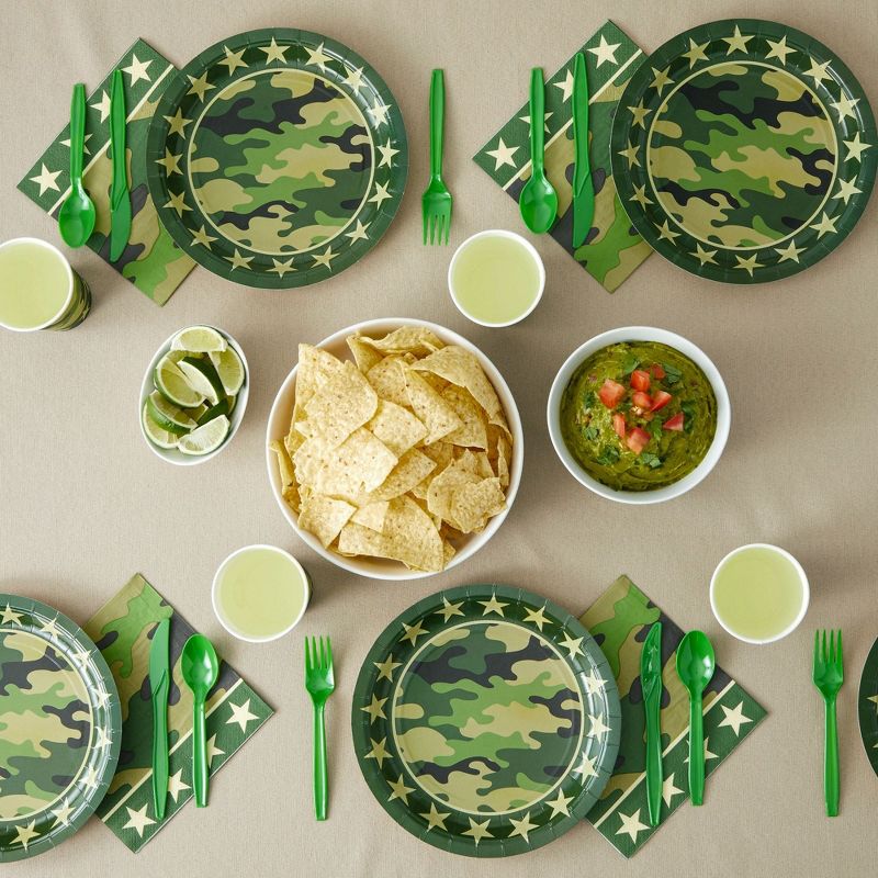 Blue Panda 144-PieceCamo Party Decorations for Army-Themed Birthday, Baby Shower, Serves 24, Camouflage Paper Plates, Napkins, Cups, and Cutlery, 3 of 10