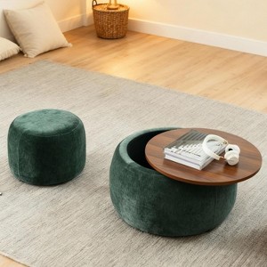 TIRAMISUBEST 2 Piece Round Chenille Ottoman Drum Stool Storage Bench Hidden Storage and MDF Desktop Panel Living Room - 1 of 4