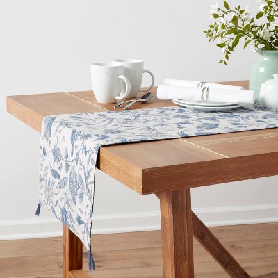 108" x 14" Blue Floral Cotton Table Runner with Tassels