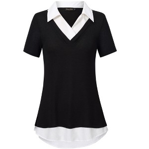 Clearlove Women's Long Sleeve Contrast Collared Shirts Patchwork Work Blouse Tunics Tops - 1 of 4