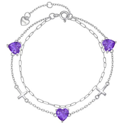Molenia Birthstone Cross Bracelet for Women, S925 Sterling Silver Heart Dainty Link Charm Double Layer Jewelry Birthday Gift for Her