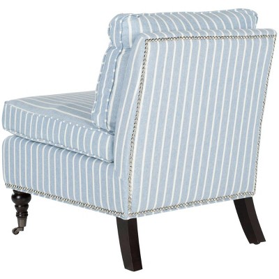 Blue and White Striped Linen Slipper Chair with Wooden Spindle Legs