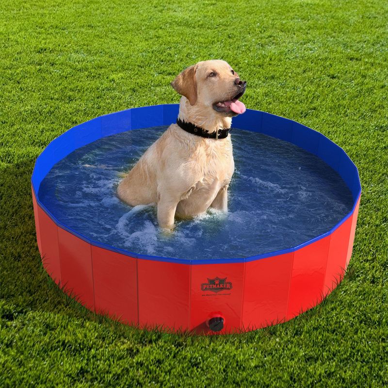 Portable Plastic Pool for Dogs - 47-Inch Diameter Foldable Pool with Carrying Bag - Large Pet Pool with Drain for Bathing or Play by PETMAKER (Red), 3 of 4